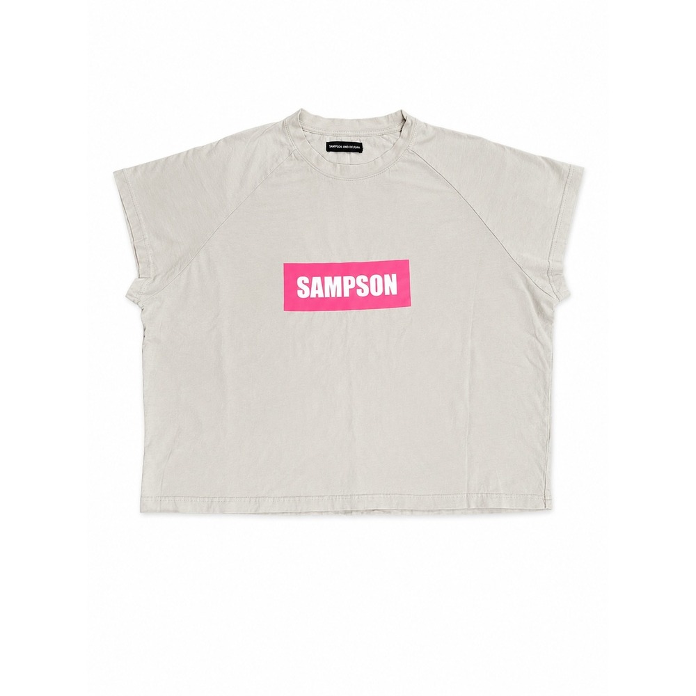 Sampson and Taylor Mens Cotton Boxy Fit Pink Box Logo T-Shirt Tan Size M